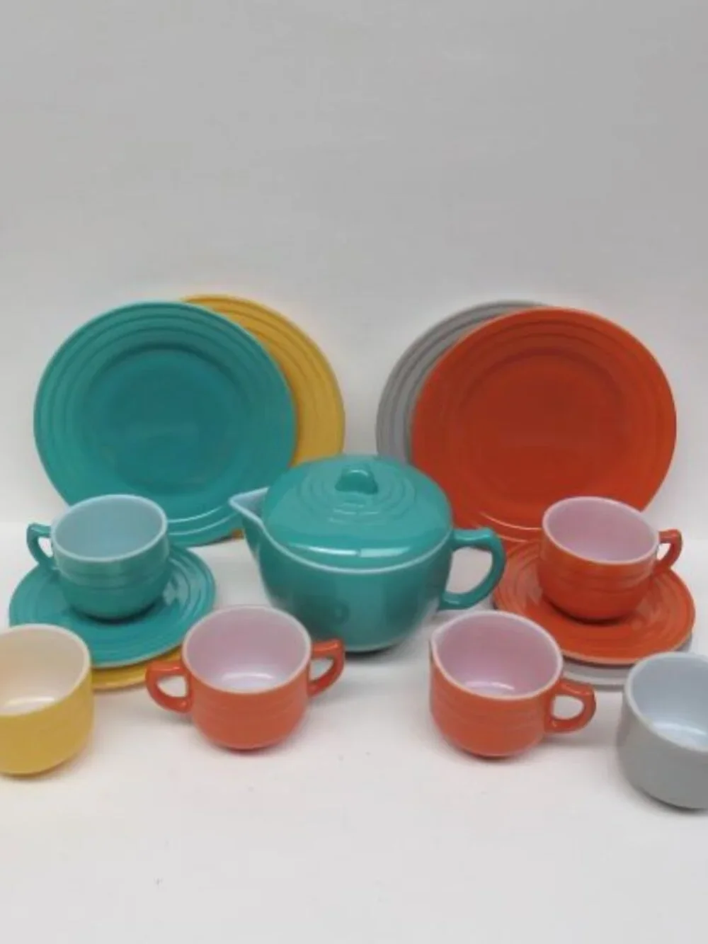 Hazel Atlas MODERNTONE Little Hostess 16-Pc Childs Dish Set, Turquoise Teapot